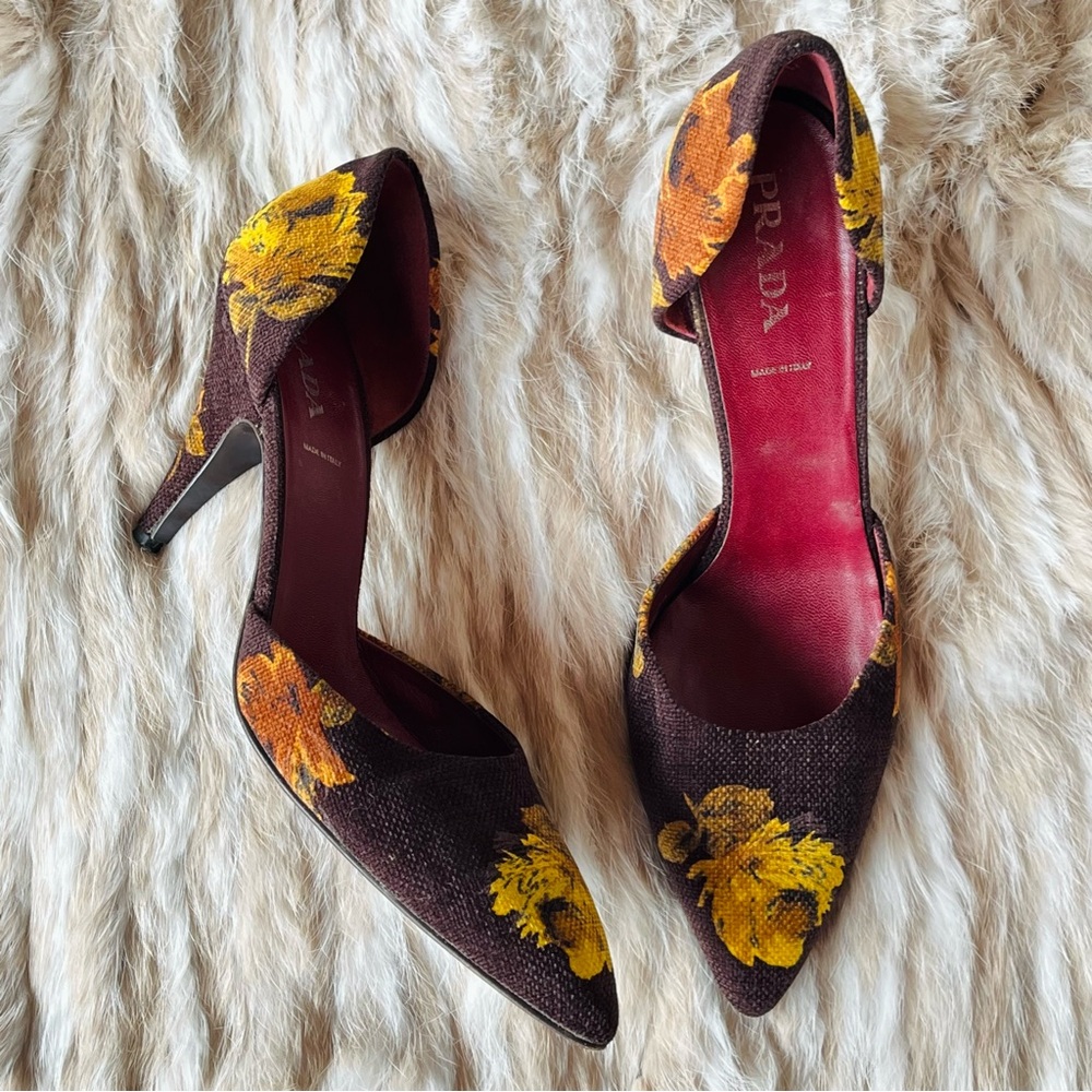 Prada Floral Brown Yellow D’Orsay Pumps
